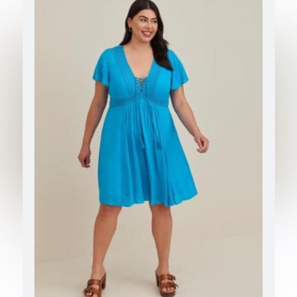torrid Dresses & Skirts - NWT Torrid Women’s Blue Mini Gauze Lace Up Skater Dress Size 3 (22-24)